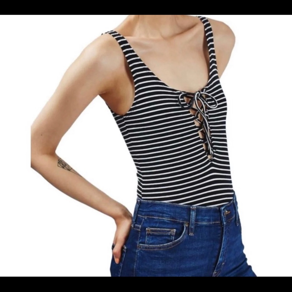 Topshop Striped Sleeveless Lace Up Bodysuit